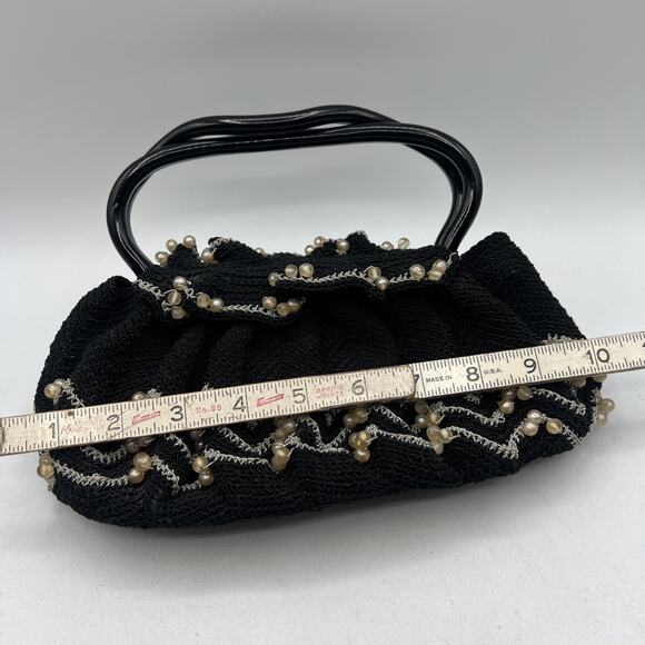 Vintage Hand Crocheted Beaded Purse 9" Lucite Handle Black Silver Hard Bottom - Picture 8 of 8